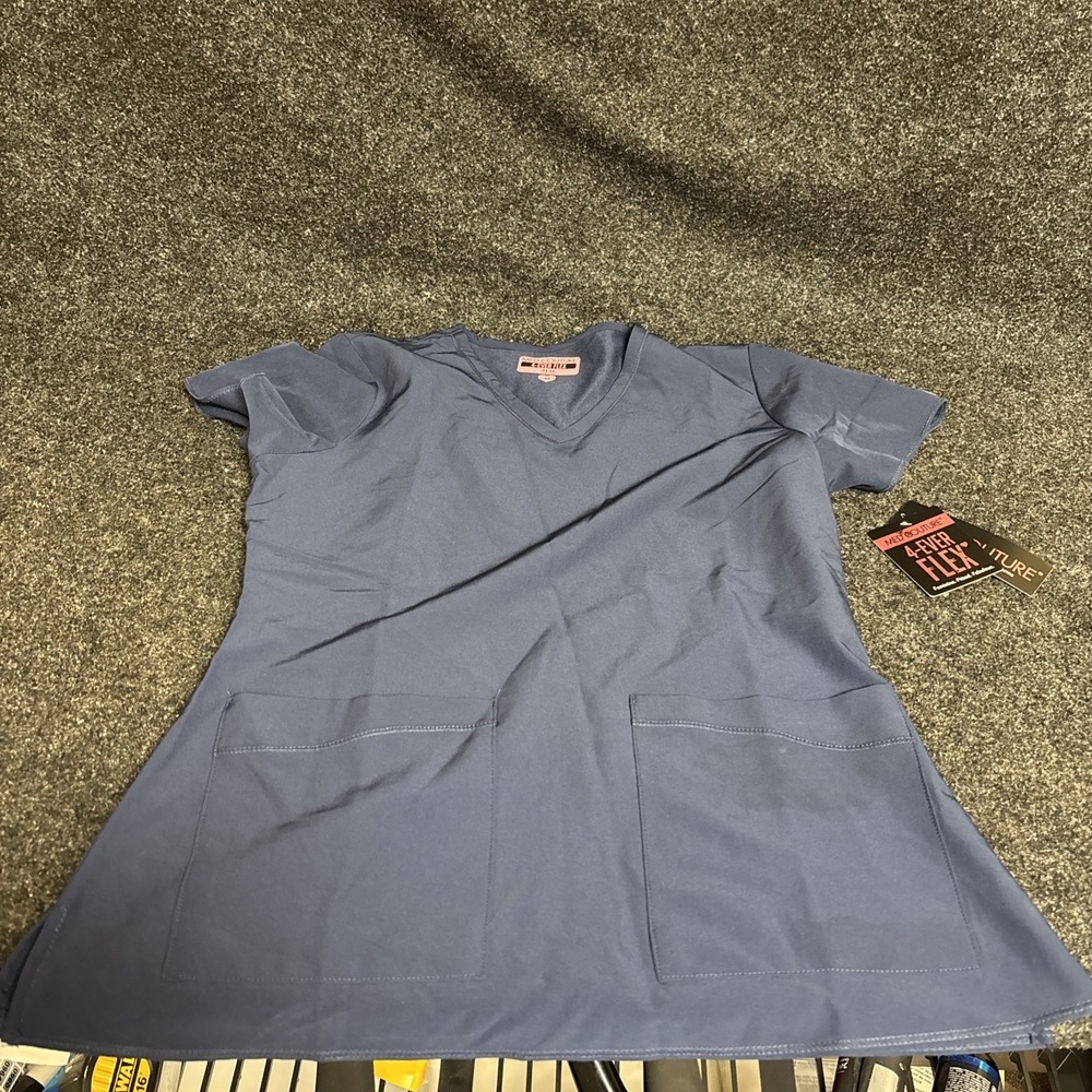 Med Couture Navy Scrub Top V Neck Two Pocket M Women's